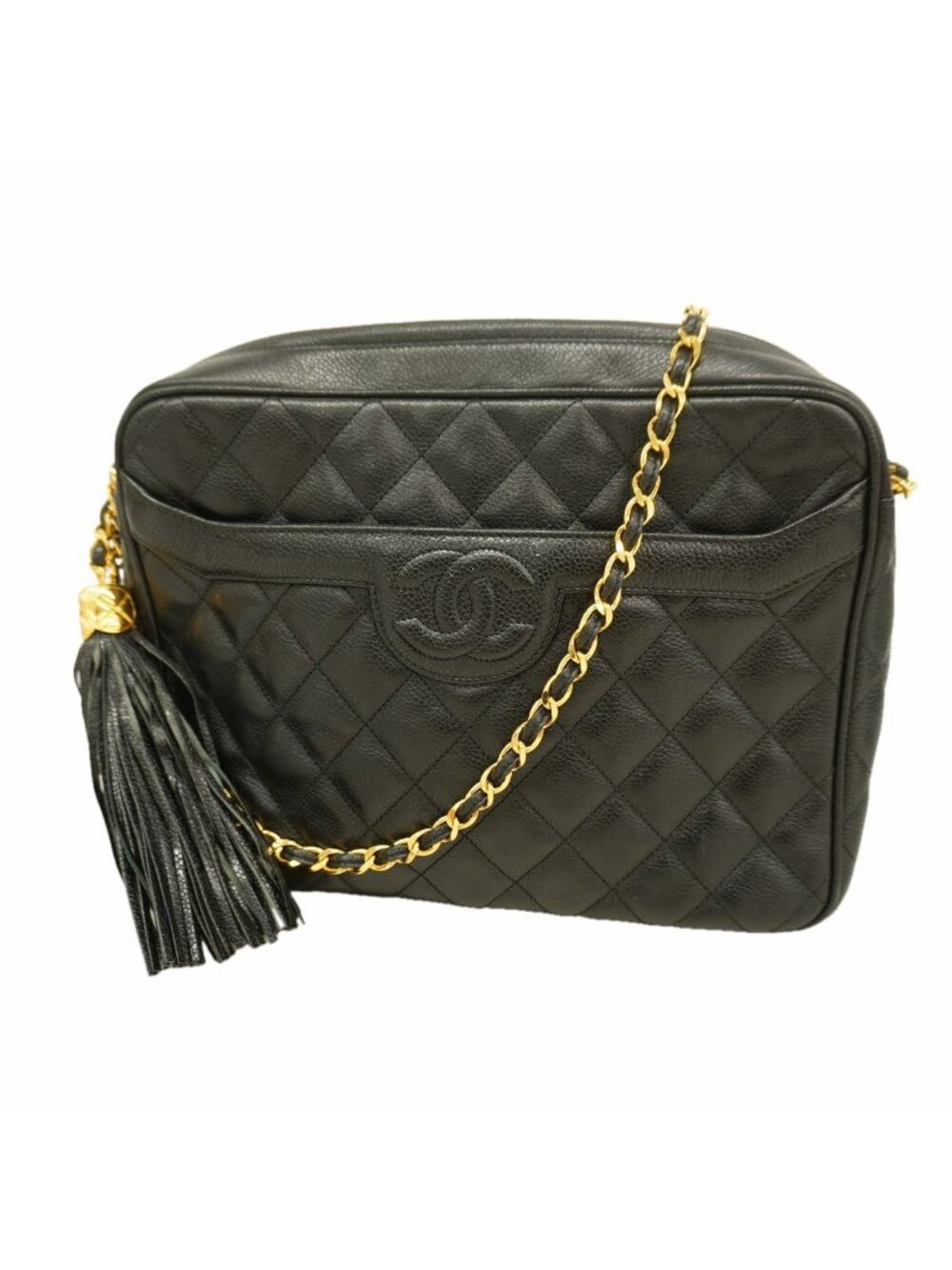Chanel Shoulder Bag Quilted Caviar Leather Black Gold